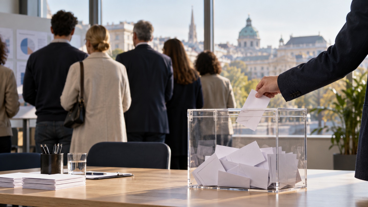 Neutrale Wahlszene mit transparentem Stimmzettelkasten in Wien.